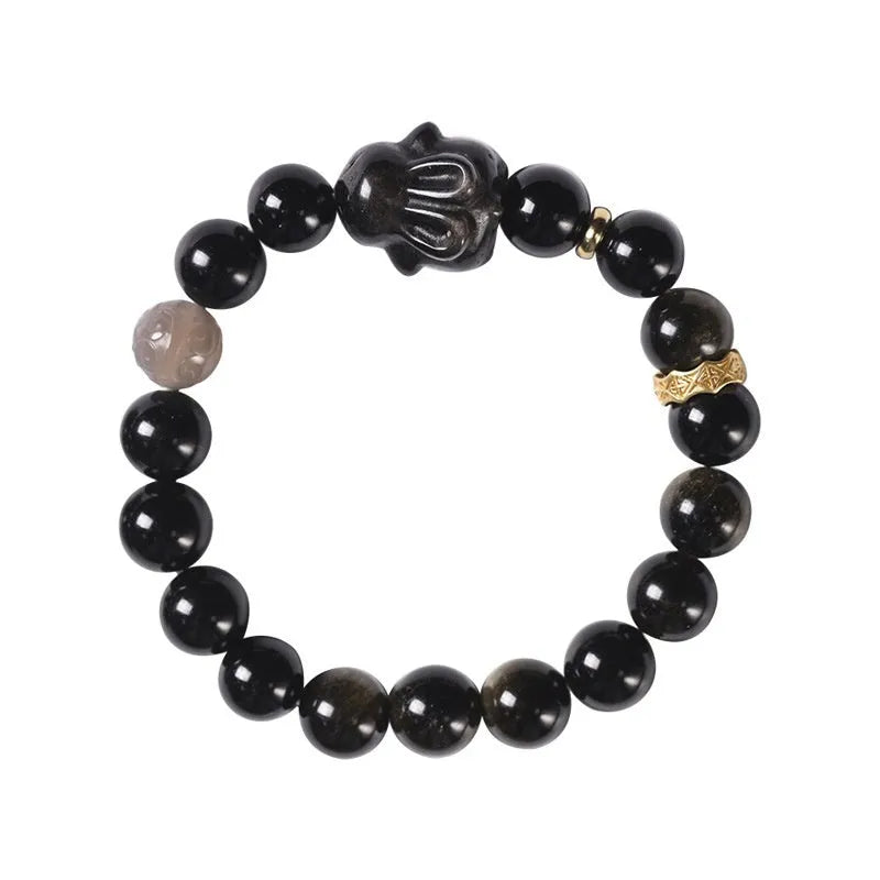 Handmade lying rabbit obsidian bracelet with brass charm and grey agate beads in two sizes