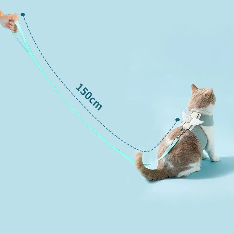 Adjustable cat harness and leash set with angel wings design, breathable air mesh, blue or green, sizes S to XL