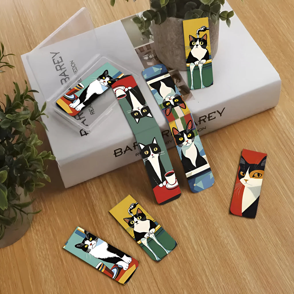Set of 5 magnetic bookmarks with simple cute cat design in homemade style, displaying cartoon cat faces on colourful backing