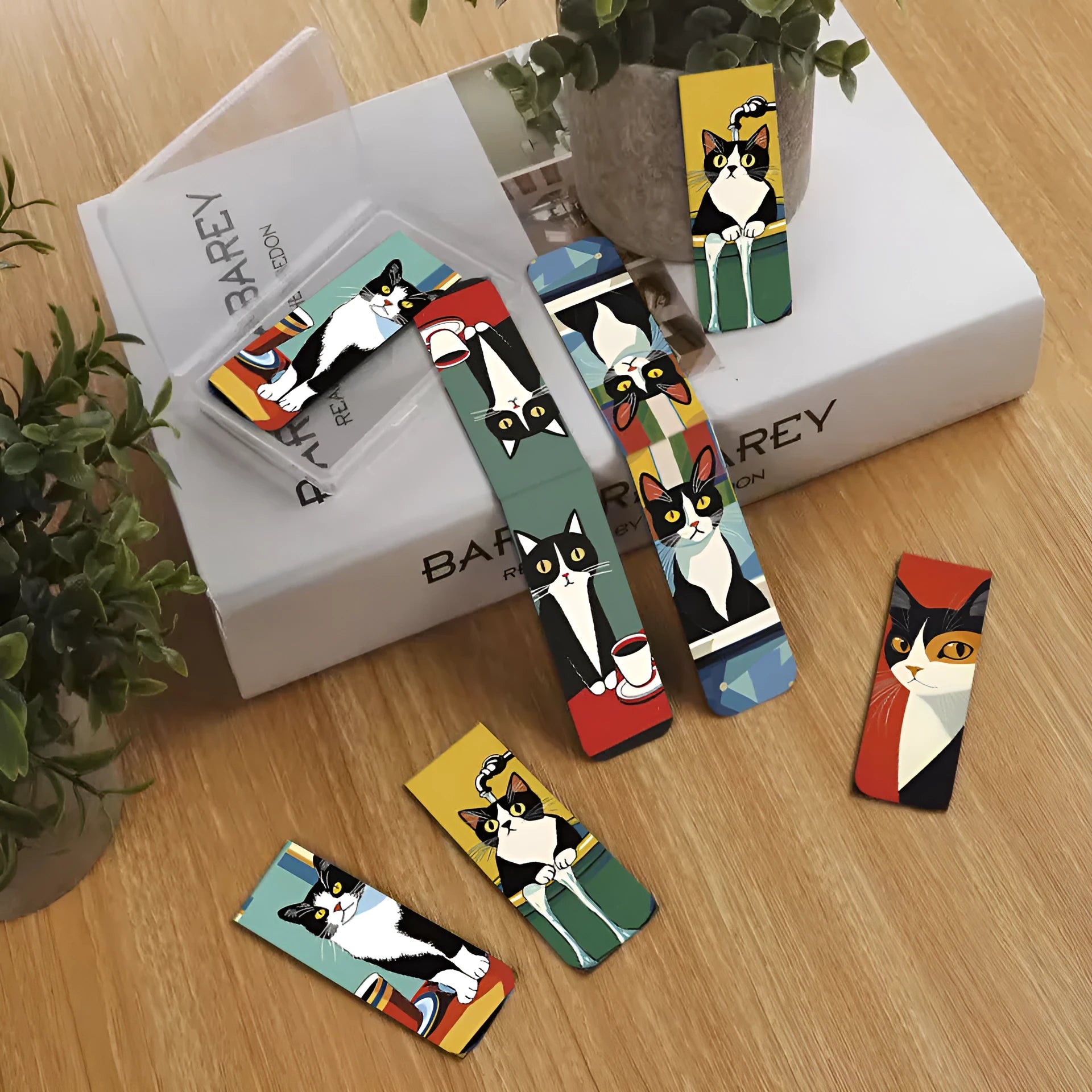 Set of 5 magnetic bookmarks with simple cute cat design in homemade style, displaying cartoon cat faces on colourful backing