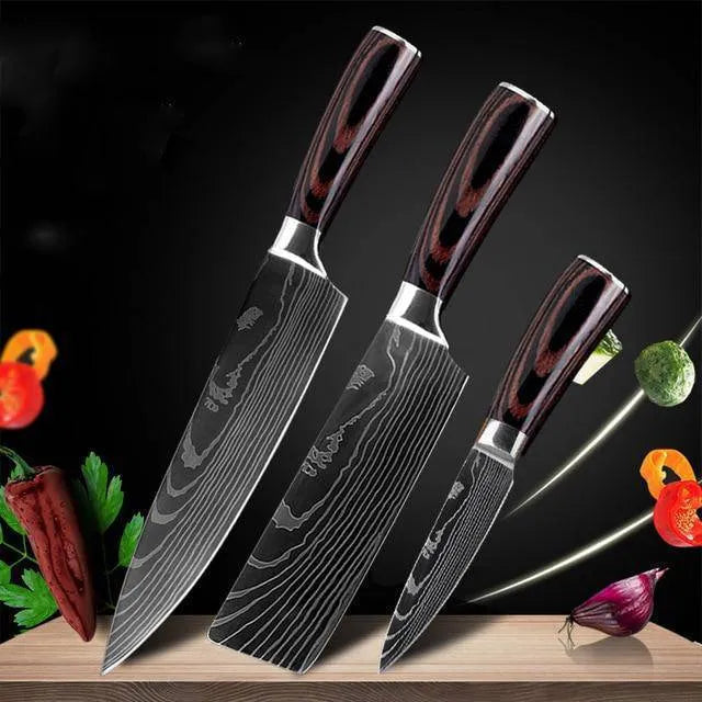 7Cr17 stainless steel chef knife with 18cm blade, laser Damascus pattern, and coloured wood handle
