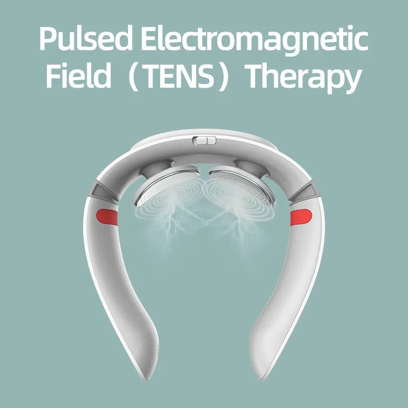 Grey white neck care massager with ergonomic design, voice control, and Bluetooth player