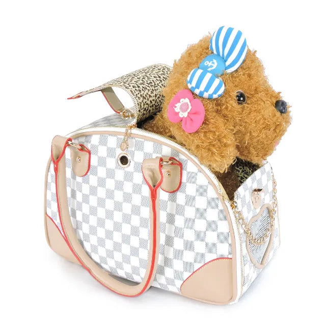 PU pet carrier bag for small dogs and cats, 8 kg max, shown in white and brown with S and L size options