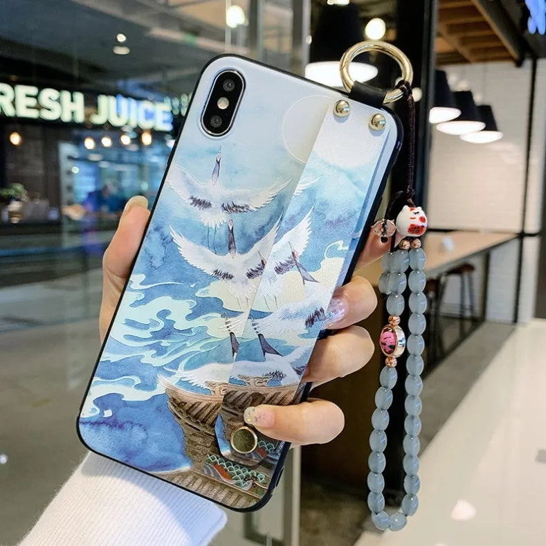 Rose flower design wrist strap phone case compatible with iPhone models in multiple style options