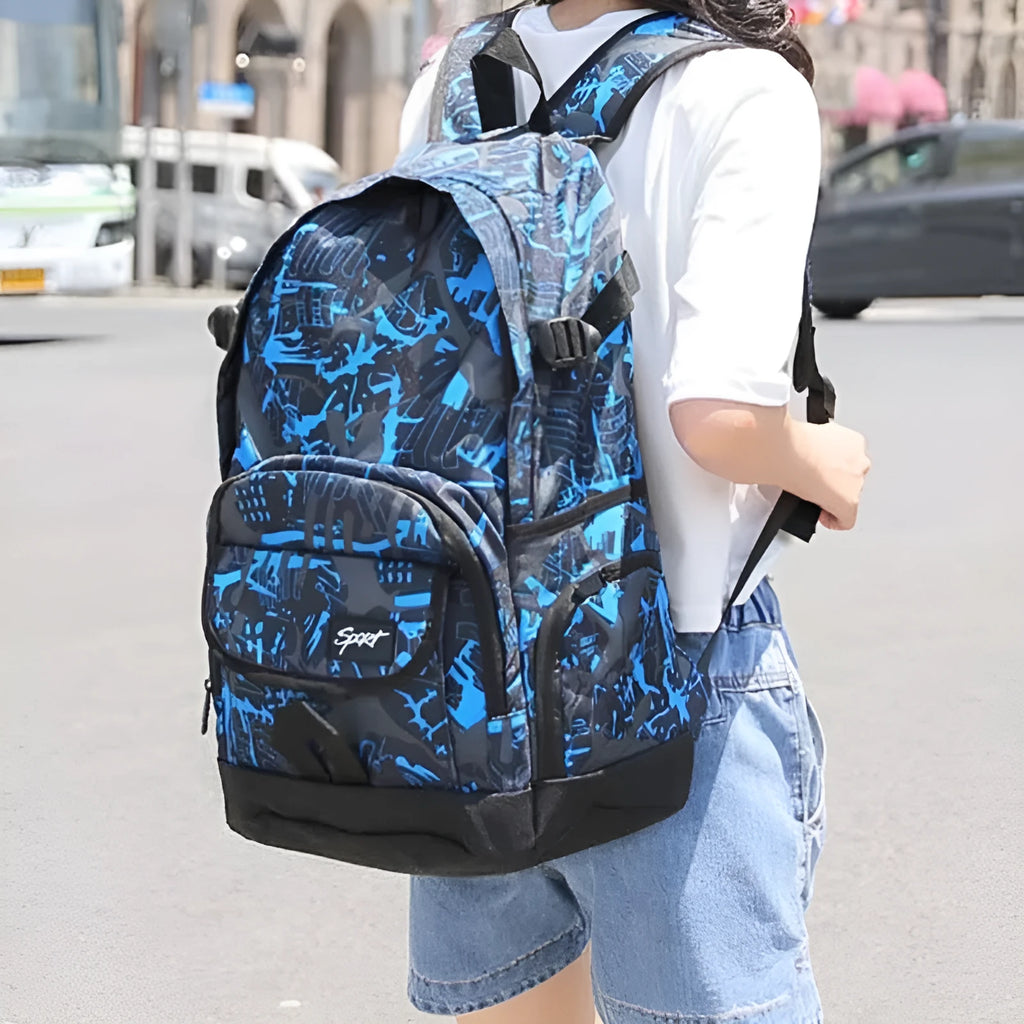 Blue and red classic nylon backpacks showing large capacity design for travel and school use