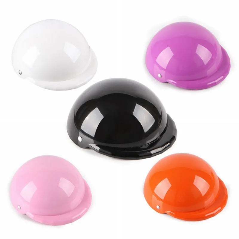 ABS pet toy helmet in black with rivet link belt and sponge pad inside, shown in size S, M or L