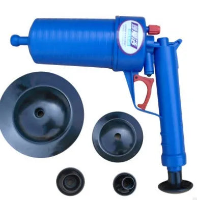Plastic high-pressure drain blaster gun with four different sized adaptors for unclogging sinks and toilets