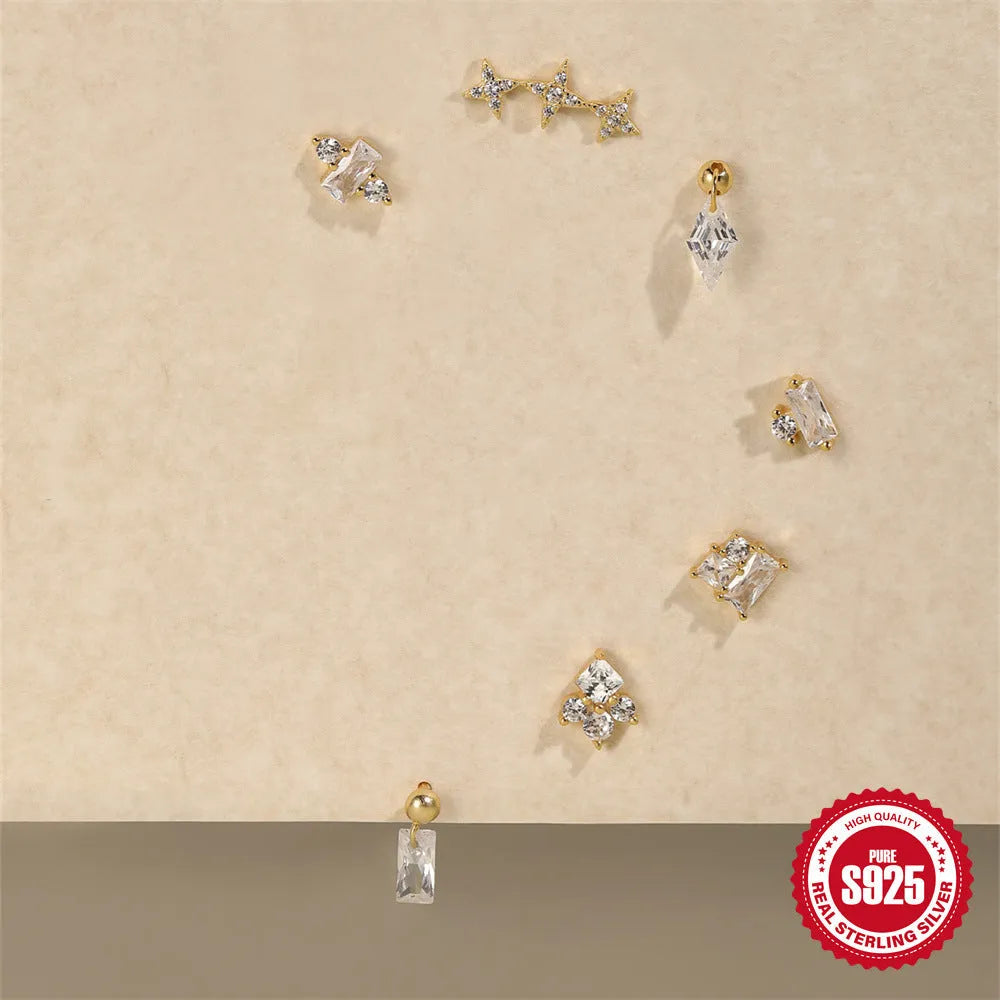 S925 sterling silver red flower stud earrings with square gravel details in gold colour