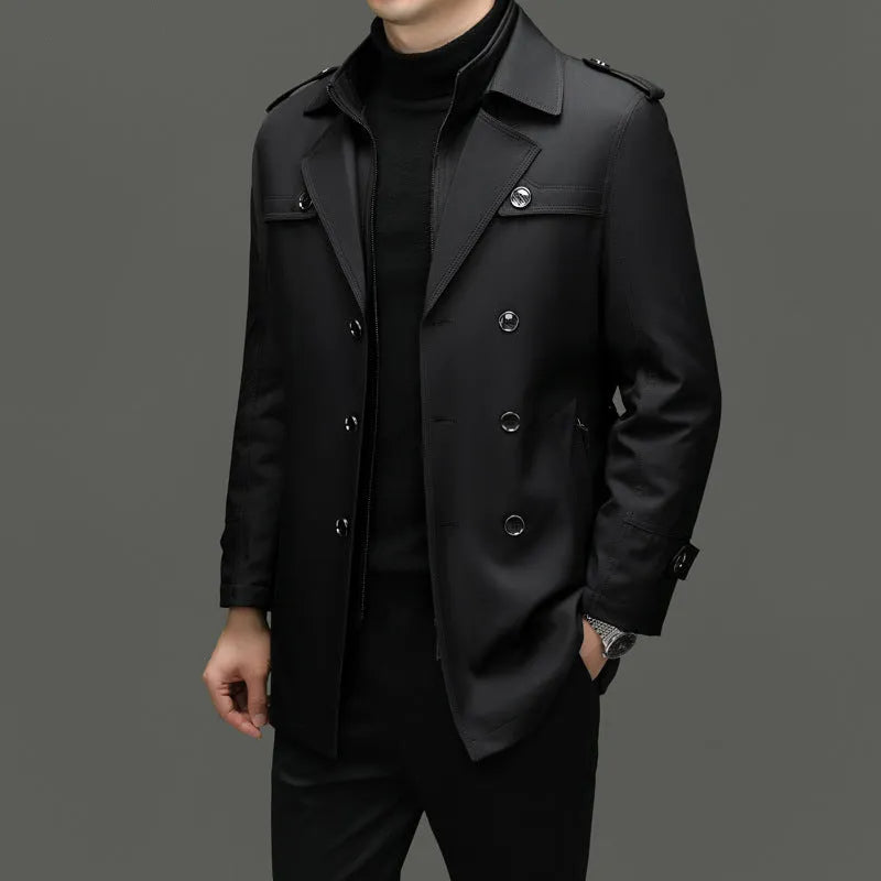Men's mid-length duster coat with detachable polyester liner and cotton belt, available in black, khaki and navy blue, Asian sizes M-4XL.
