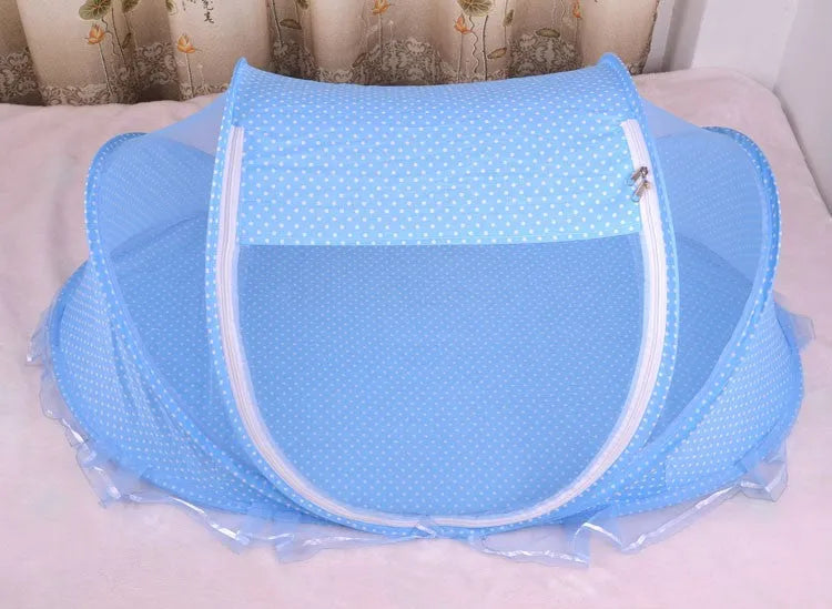 Foldable baby bed net 110x65x60cm with mattress and pillow in blue or pink mesh and steel wire frame