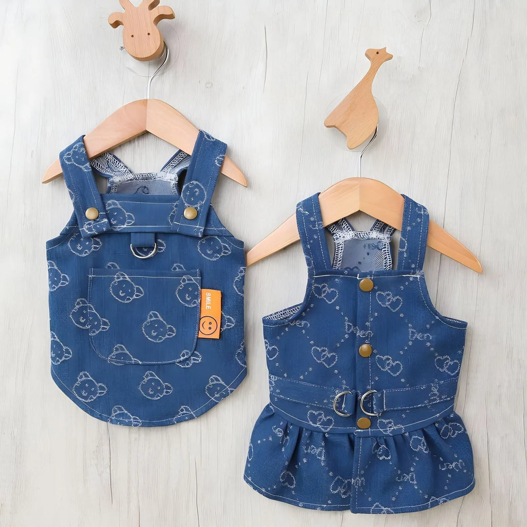 Teddy Bichon wearing denim princess dress with bracket-skirt design, small dog spring clothing