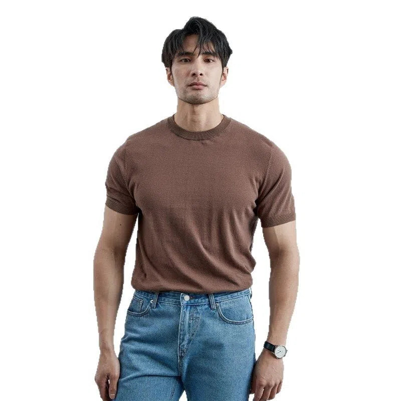 Men's ice silk short sleeve knitted T-shirt, solid colour slim fit pullover, shown in white