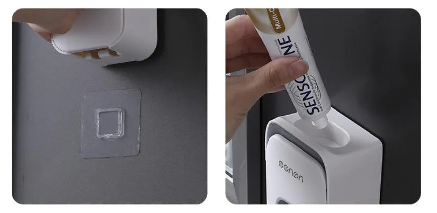 Automatic toothpaste dispenser wall mounted unit in blue, grey or pink colours with no-drip nozzle