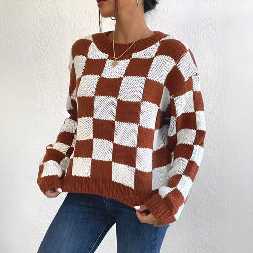 Dark brown plaid pattern acrylic pullover sweater with loose round neck and long sleeves
