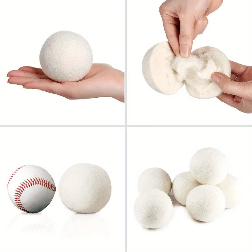 Set of six low allergenic laundry drying balls in various sizes for wrinkle reduction