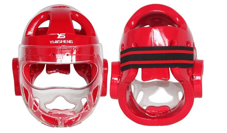 Karate boxing helmet for head protection shown in white, blue, and red colour options.