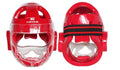 Karate boxing helmet for head protection shown in white, blue, and red colour options.