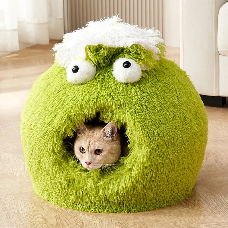 Blue closed cat bed nest made of soft plush fabric, 40x40x35cm, with small entrance for indoor cats