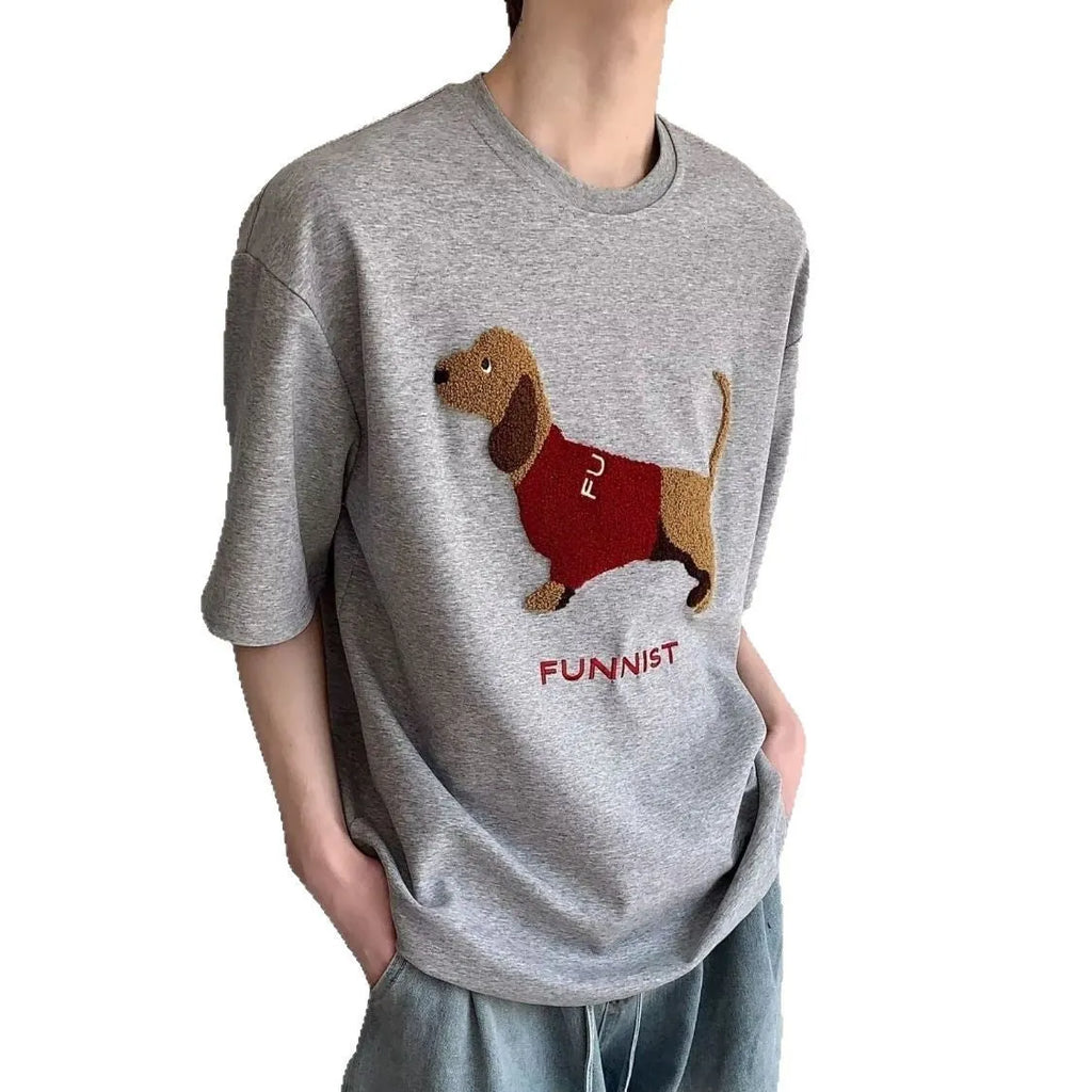Men's grey cotton T-shirt with embroidered sausage dog design on the chest, short sleeves and round neck.