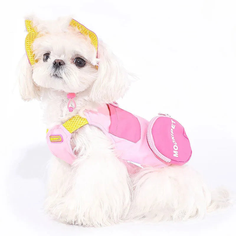 Pink polyester pet vest dog jacket shown on small breed dog