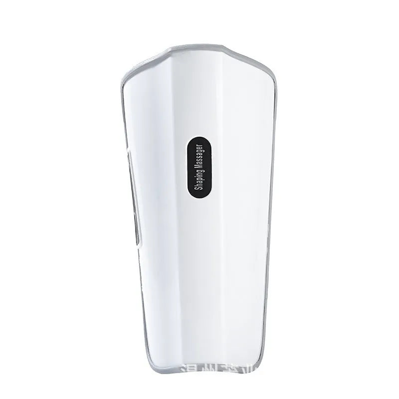 White plastic portable calf massager with electrotherapy pulse and infrared functions.