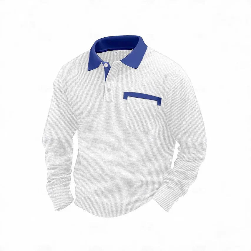 Man wearing a long-sleeved waffle-texture polo shirt in a solid colour, showcasing the retro style and asymmetric detail.