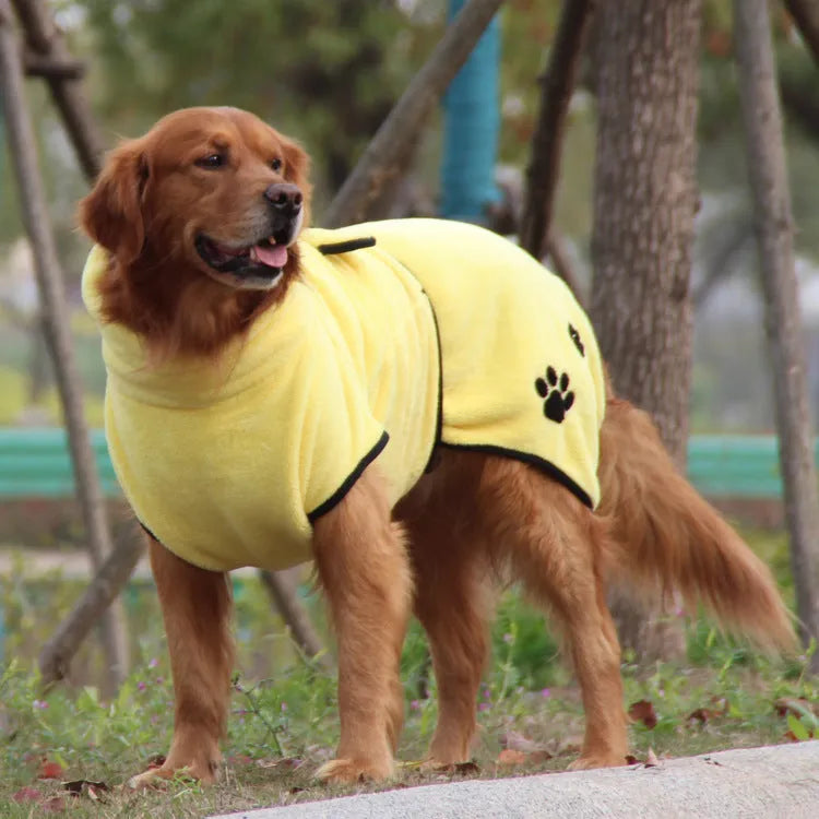 Yellow coral fleece embroidered pet pajamas worn by a small dog, soft absorbent fabric bathrobe style
