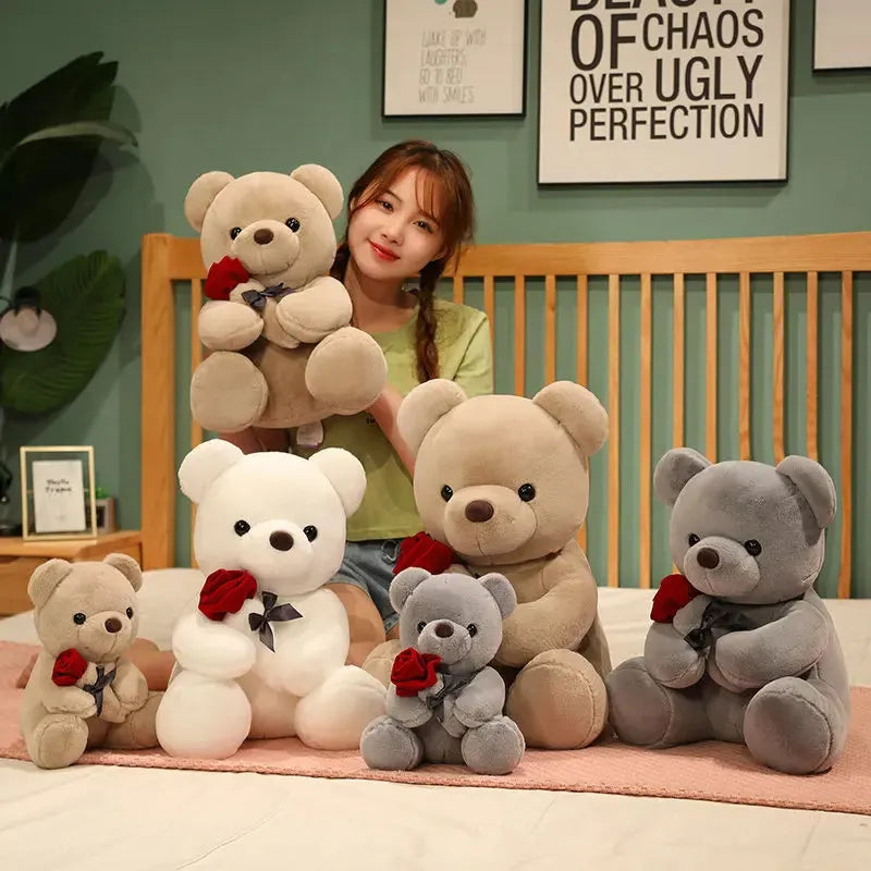 Rose bear plush teddy doll in beige, brown, or grey with PP cotton filling and multiple size options
