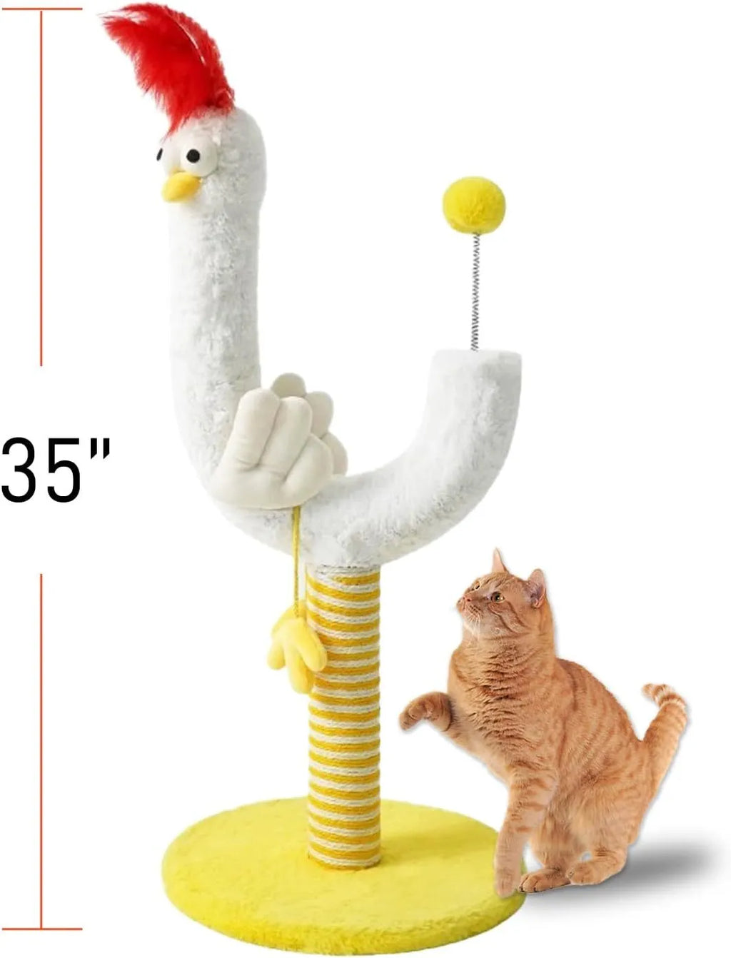Yellow sisal cat scratching post with U-shaped design and spring ball toy