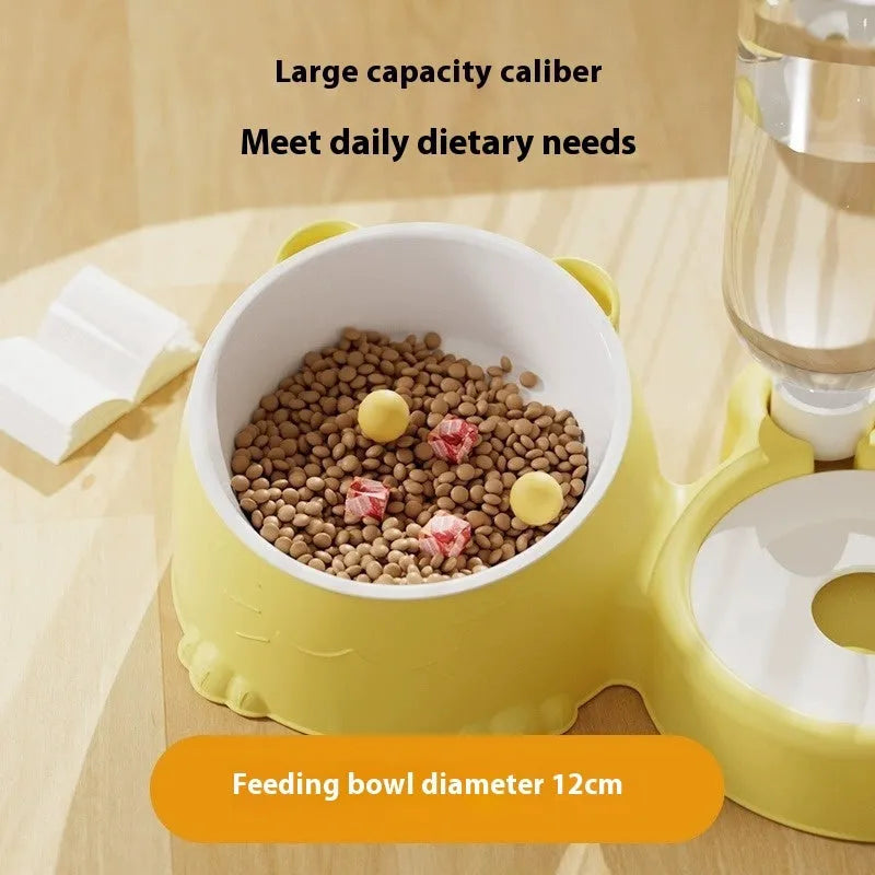 Double bowl automatic drinking pet basin in haze blue with stainless steel ceramic food compartments