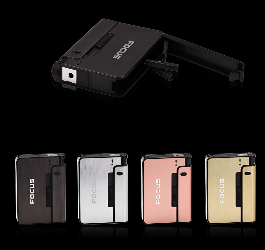 Two aluminium alloy automatic cigarette cases with brushed metal finish, one-button discharge, and removable lighter core on a dark background