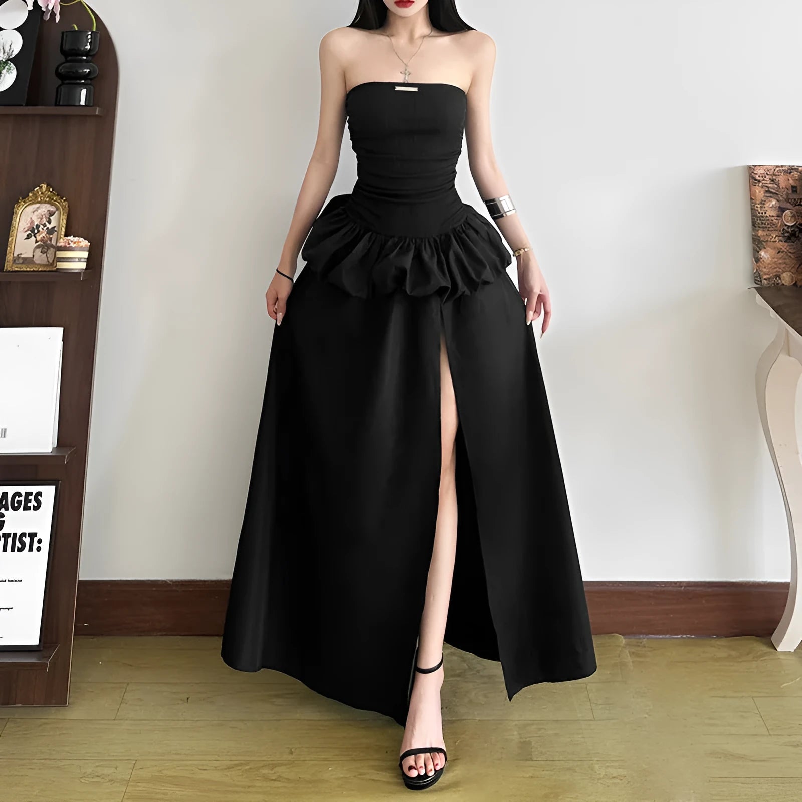 Women's solid colour high waist off-neck split A-line long dress in black, backless detail, street style