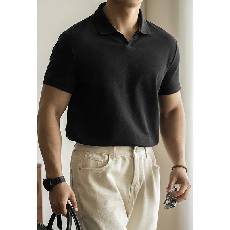 American-style blue cotton blend short sleeve polo shirt on hanger