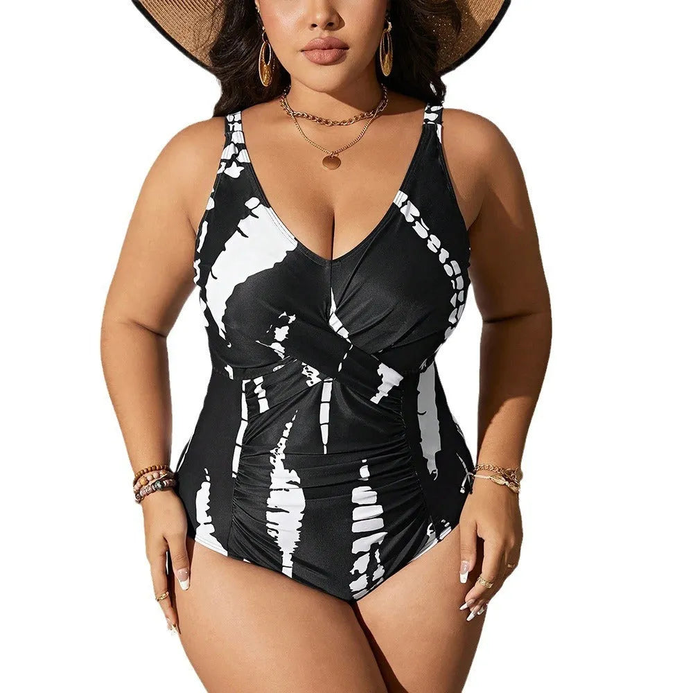Black Siamese colour matching fit one-piece swimsuit on a hanger.