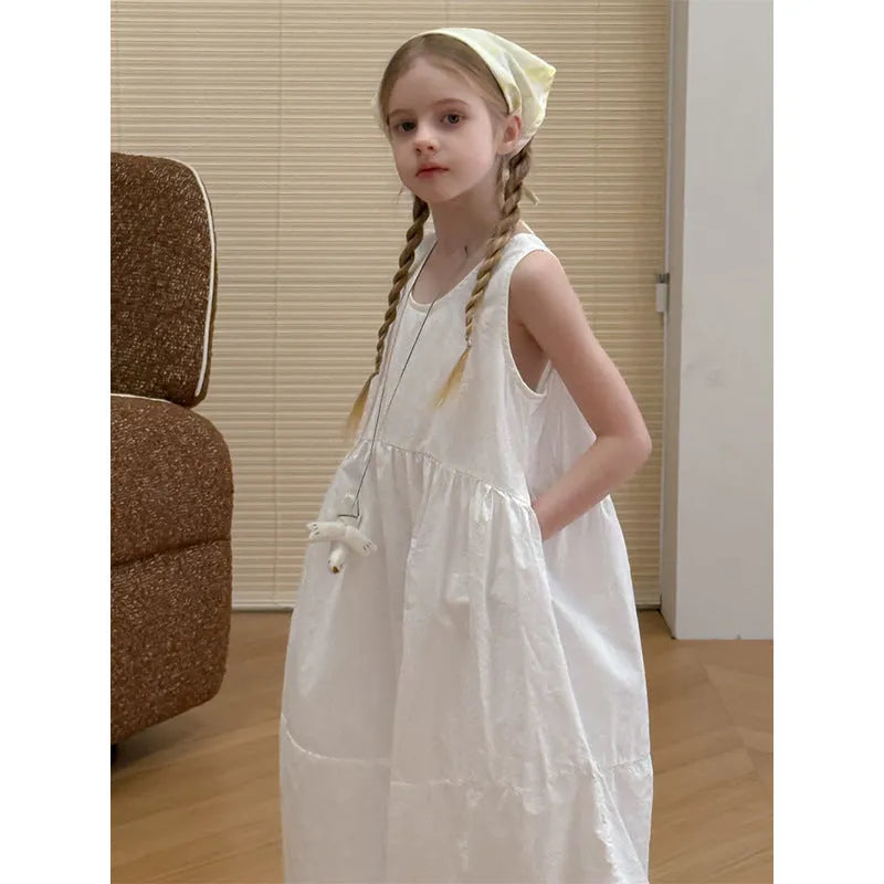 Girls white cotton suspender dress with dot pattern, summer French style, sizes 90cm to 150cm
