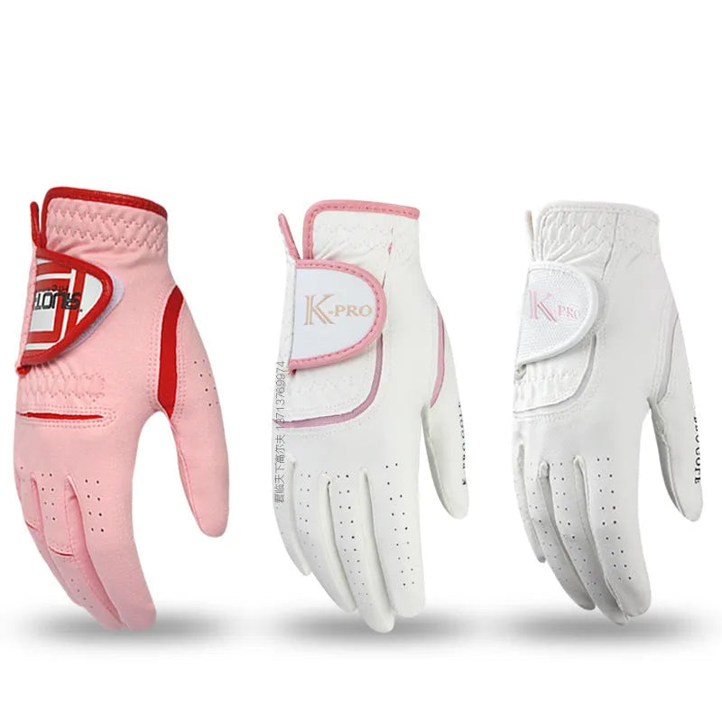 Pair of women's microfiber golf gloves with anti-skid grip, sizes 17-22, styles A B C