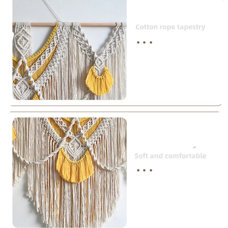 Nordic style hand-woven cotton tapestry wall hanging creamy white with yellow accents 120x95cm