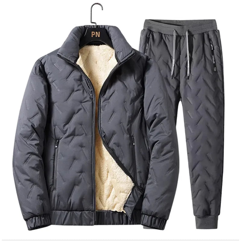 Men's thickened fleece tracksuit set with zip jacket and tapered pants in grey or black, sizes L to 5XL