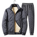 Men's thickened fleece tracksuit set with zip jacket and tapered pants in grey or black, sizes L to 5XL