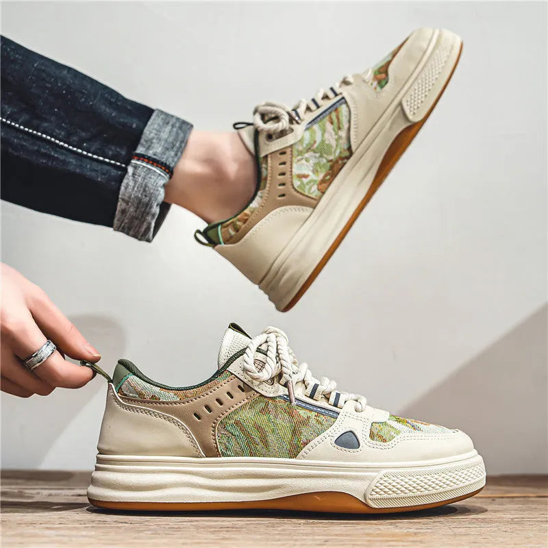 Casual beige and green canvas flat shoes for men with round toe, shown in sizes 39 to 44.