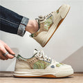 Casual beige and green canvas flat shoes for men with round toe, shown in sizes 39 to 44.