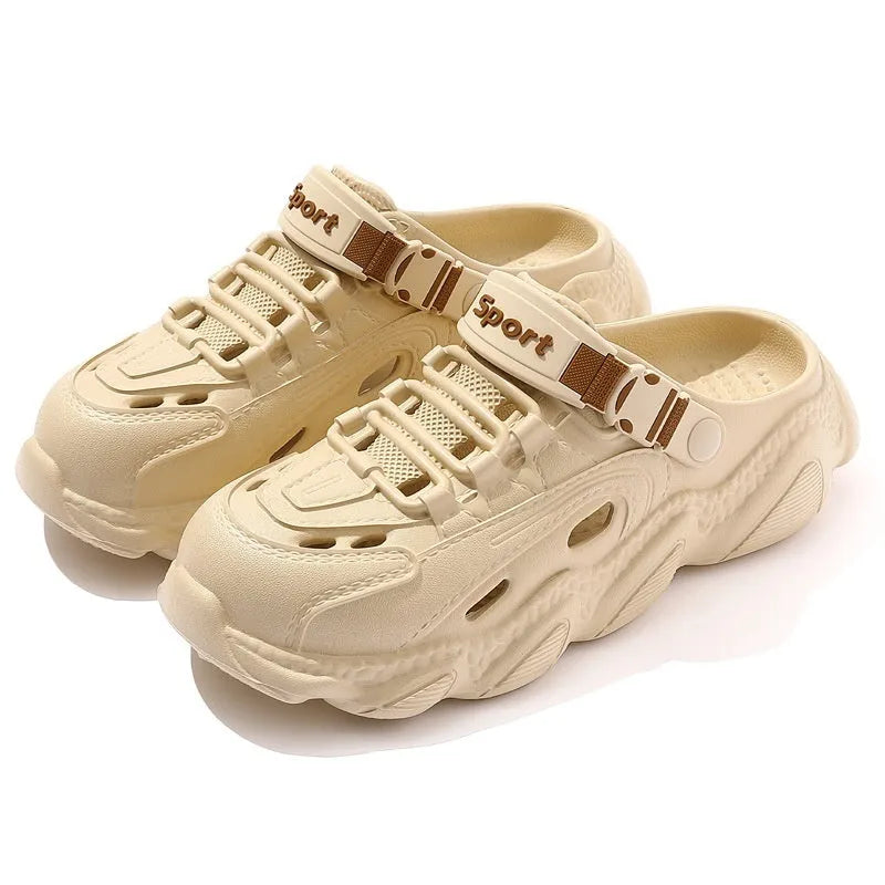 Men's khaki outdoor slippers with hollow out design and textured EVA sole, shown from a side angle.