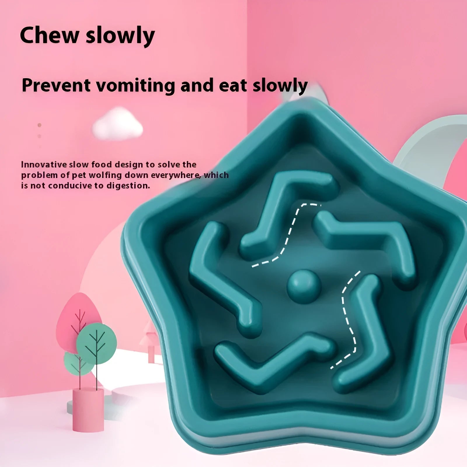 Yellow plastic dog slow feeding bowl with rough anti-choke base measuring 20.1cm