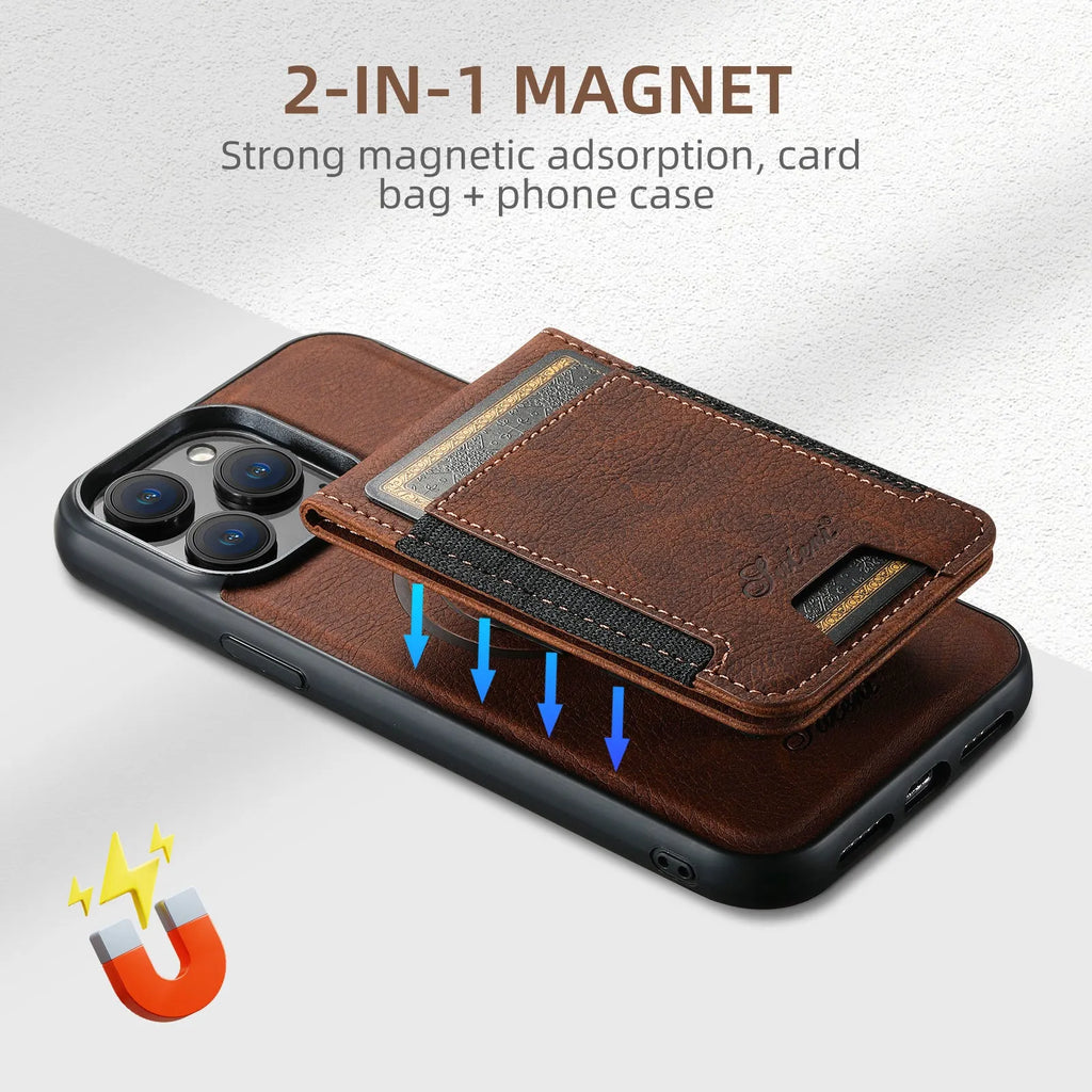 Handmade PU TPU plug-in card phone case with bracket and magnetic suction in lychee black finish