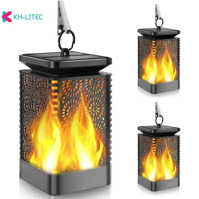 Black solar hanging flame torch light with LED flickering effect for outdoor garden decoration