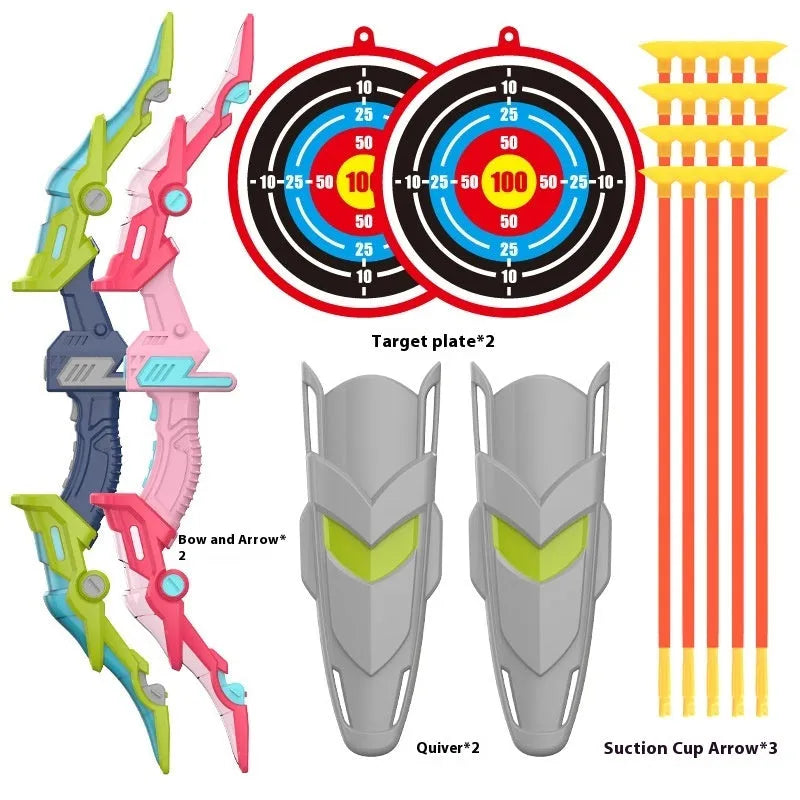 Children's bow and arrow set with detachable bow, target tube and light-up arrows in green or pink, ABS outdoor toy for ages 7-14