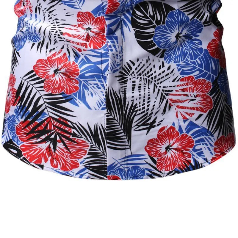 Men's summer beach short-sleeved floral shirt with square collar in blue and white polyester