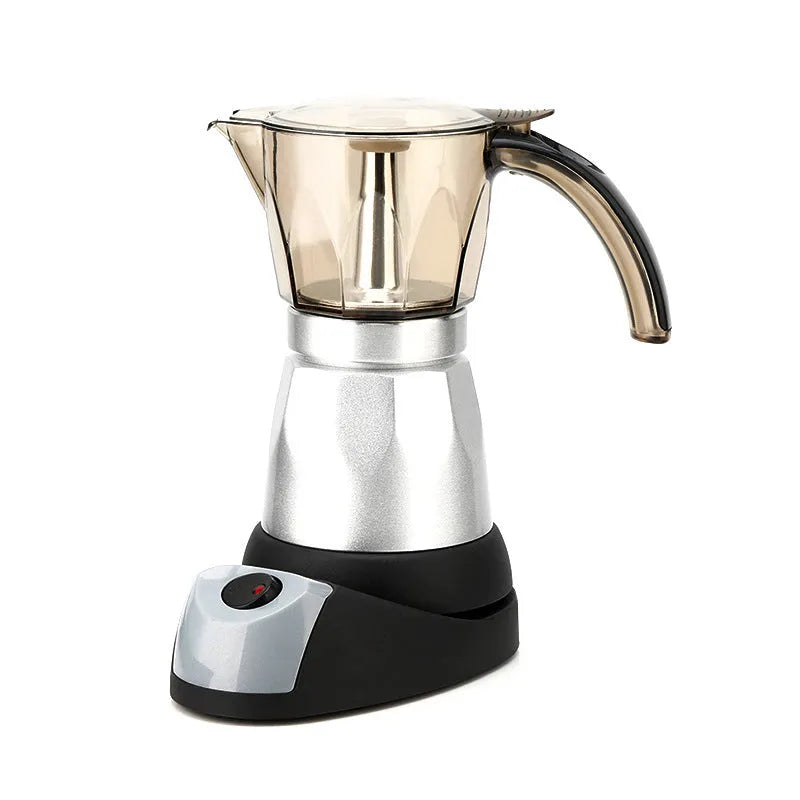 Octagonal aluminium electric moka pot coffee maker in silver colour on kitchen counter