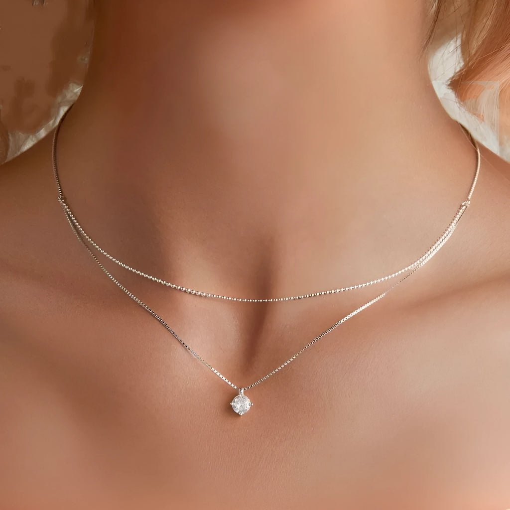 Women's silver double-layer necklace with S925 sterling silver pendant and pearl chain style