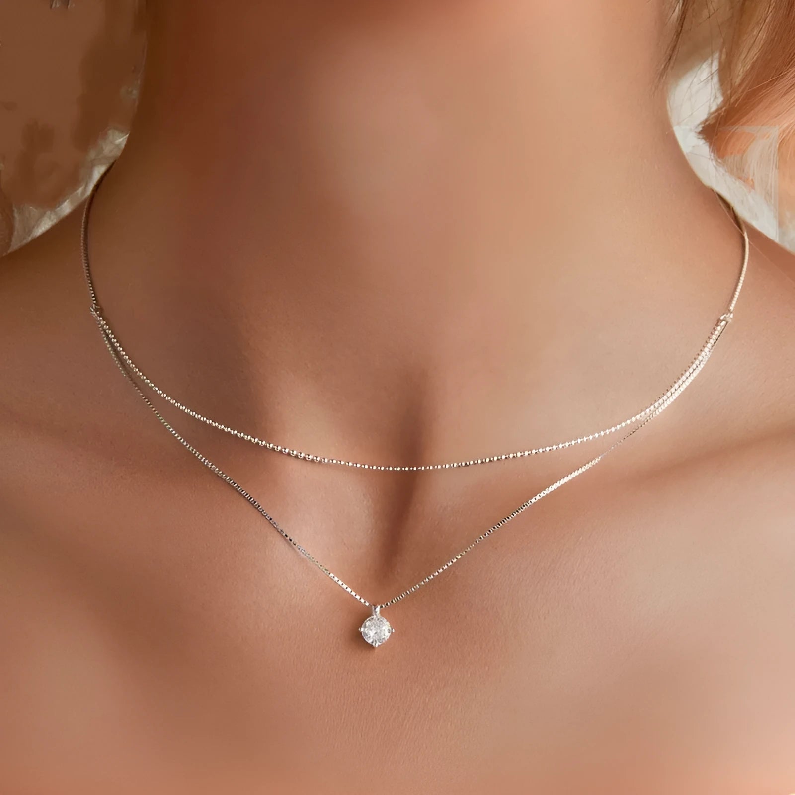 Women's silver double-layer necklace with S925 sterling silver pendant and pearl chain style